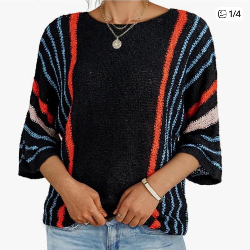 NWT Dokotoo Casual Crewneck 3/4 Sleeve Striped Lightweight Knit Sweater size M